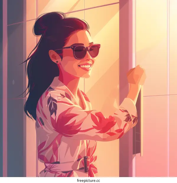 Smiling woman in bathrobe opening door