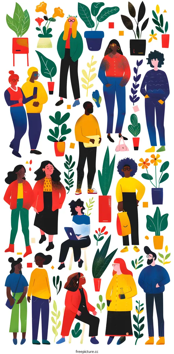 Colorful Illustration of Diverse Group of People with Plants