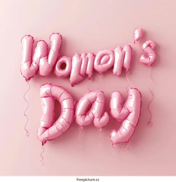 Pink balloons forming the words Women's Day against a pink background.