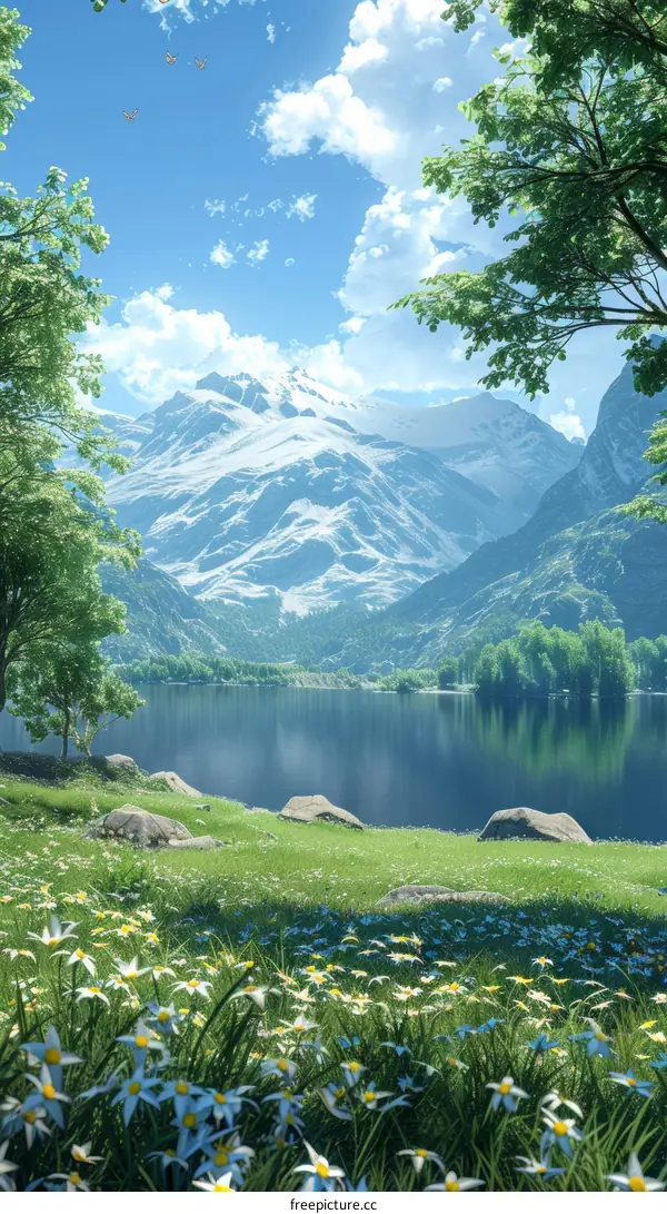 Tranquil Mountain Lake and Blooming Flowers