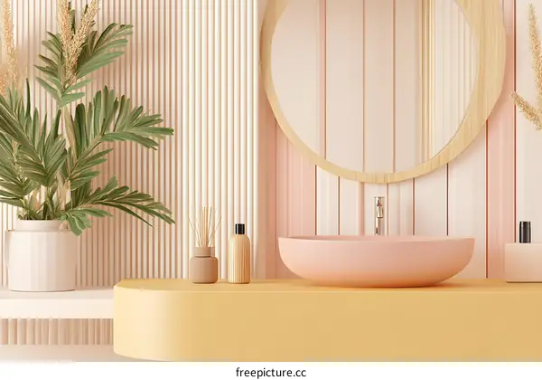 Minimalist Bathroom Interior Design with Pink Sink and Round Mirror