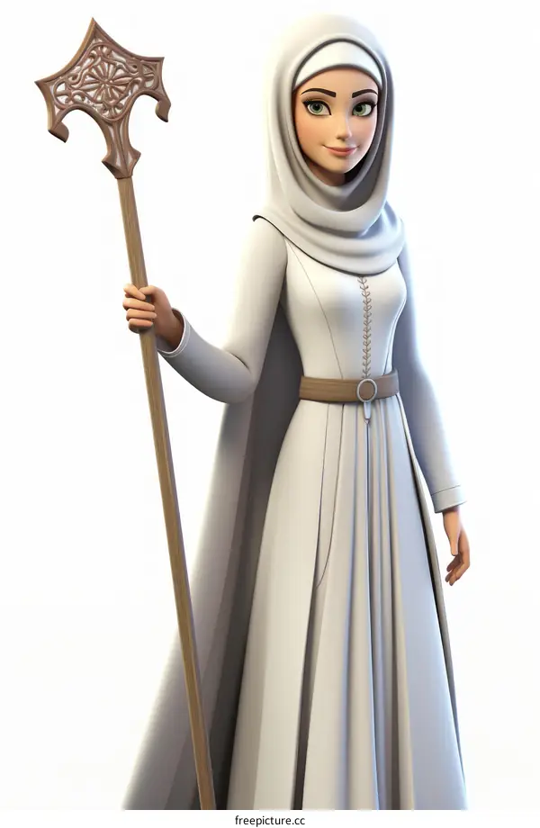 A young woman wearing a white headscarf and holding a staff