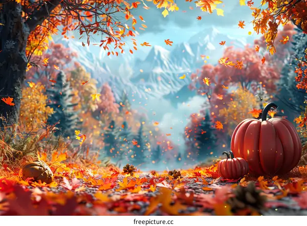 Autumn Pumpkins in Forest with Mountain