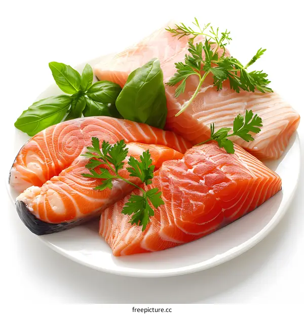 Four pieces of raw salmon fillet with herbs on a white plate