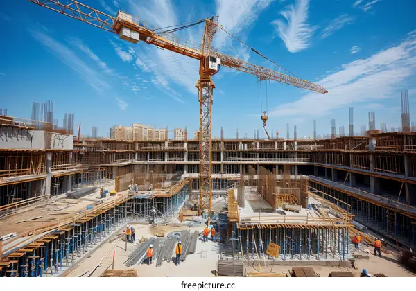 Construction workers working on a high-rise building