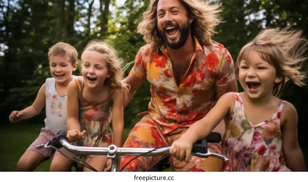 Happy family riding a bike together in the park