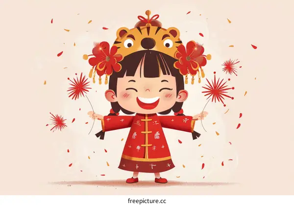 A cute girl in a red cheongsam holding firecrackers