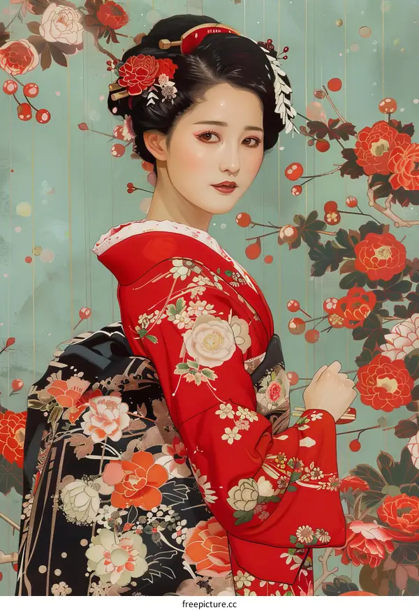 Portrait of a Japanese woman in traditional kimono with red and white floral patterns and black obi