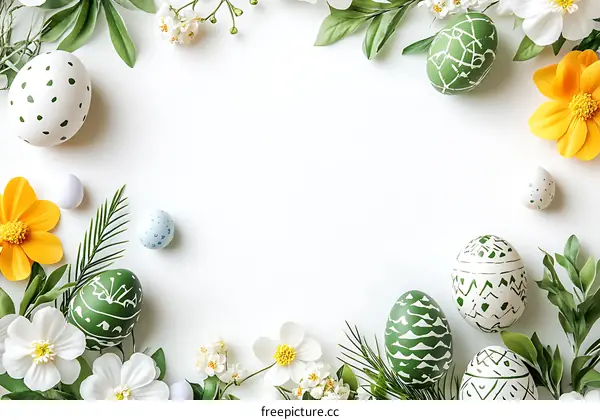 Easter Eggs and Flowers Arrangement on White Background