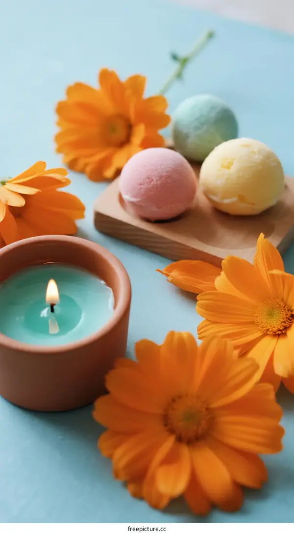 Colorful candles and flowers arranged on blue table