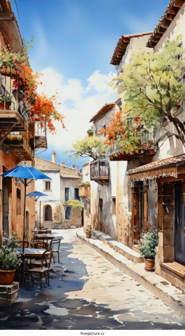 An illustration of a narrow street in a small town