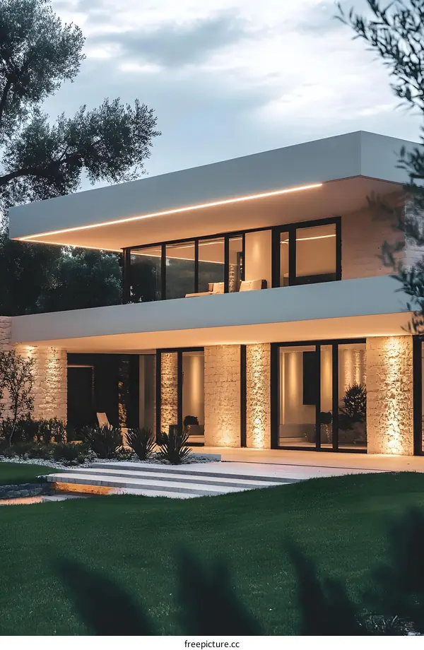 Modern Architecture Home with Stone Walls and Green Grass