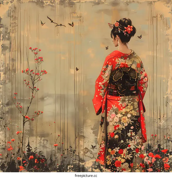 A Japanese Geisha in a red Kimono