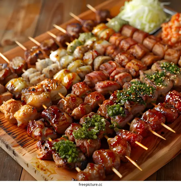Assorted yakitori skewers on a wooden board