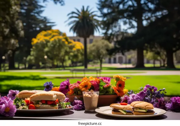 A picnic in the park with sandwiches, fruit, and flowers