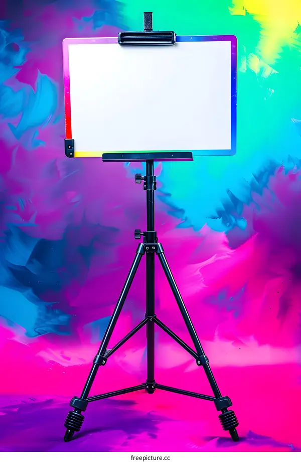 Blank Whiteboard on Tripod Stand with Rainbow Background