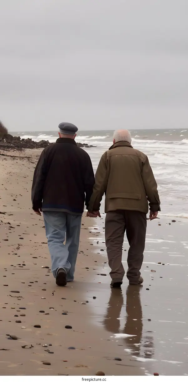 Two Elderly Men Walking Hand in Hand on Beach