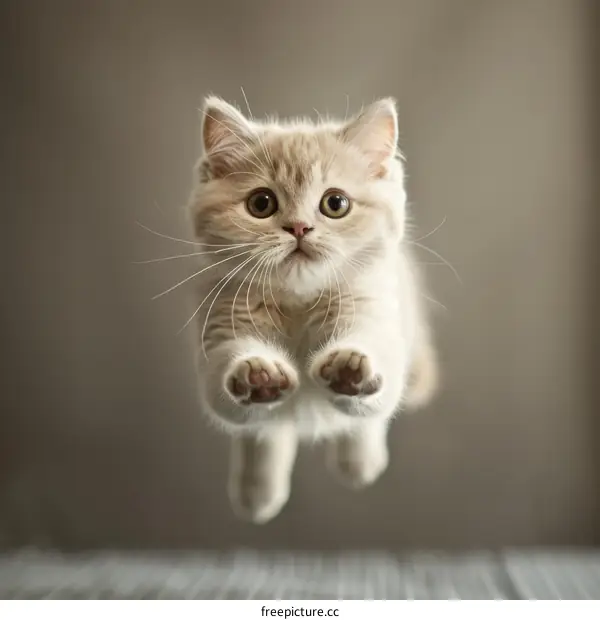 A cute kitten is jumping in mid-air