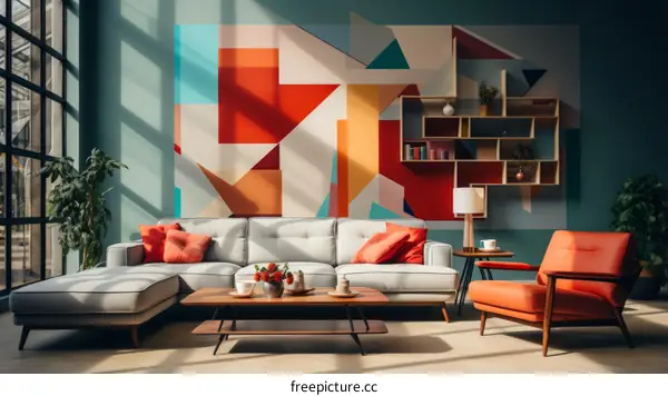 A Stylish Living Room With Geometric Wall Art