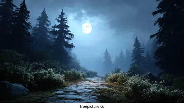 Moonlight Path in a Misty Forest