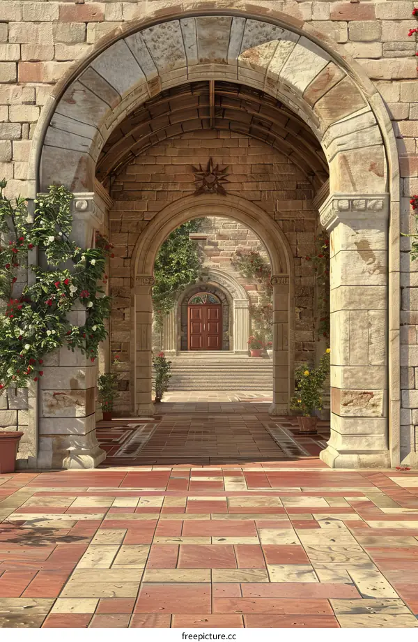 A long corridor with arches and a red door at the end