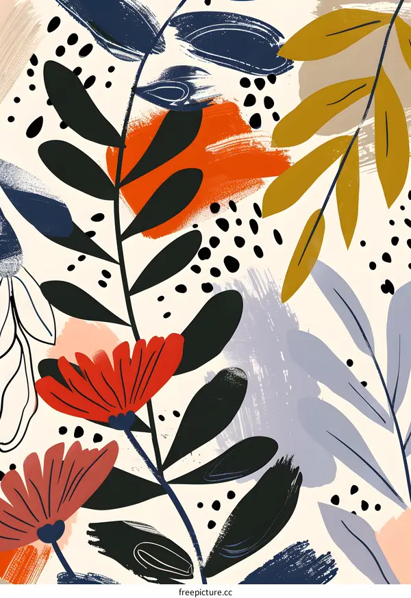 Abstract Botanical Pattern with Colorful Shapes and Flowers