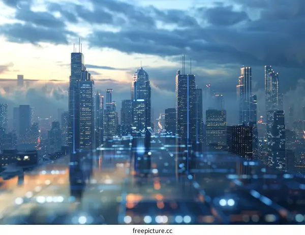 Cityscape of a modern metropolis with skyscrapers reaching towards the sky