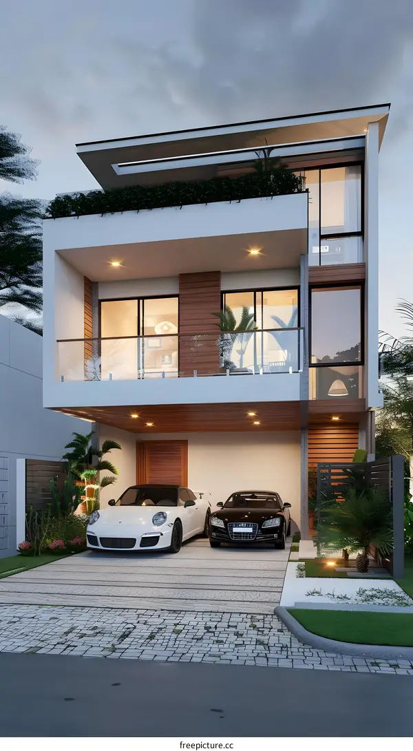 Modern Two Story House with Garage and Balcony