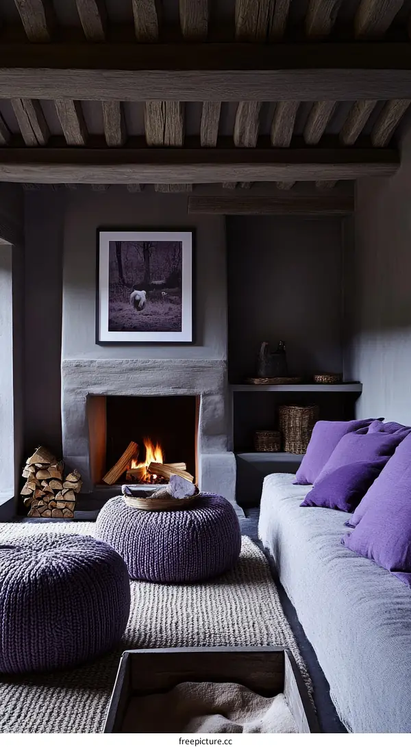 Rustic Living Room with Cozy Purple Ottomans