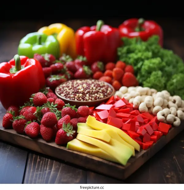 A wooden table full of fresh fruits and vegetables