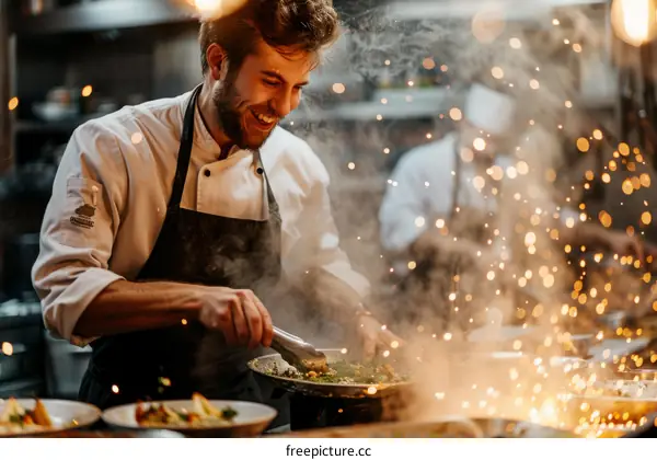 Bearded chef cooking with fire in the kitchen
