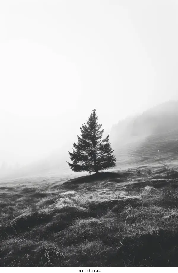 Solitary Tree in Foggy Field