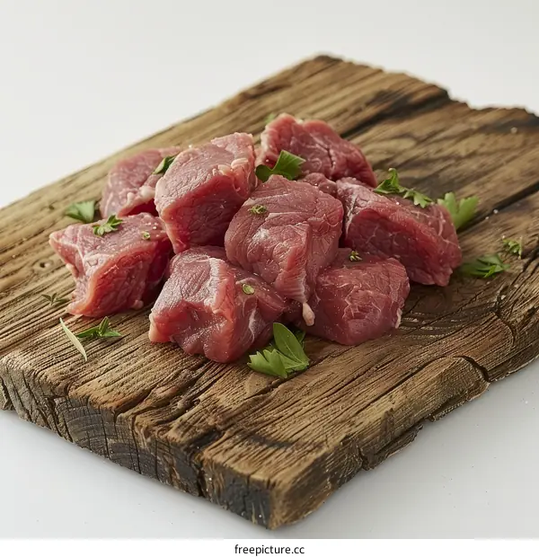 Fresh Raw Beef Cubes on a Wooden Cutting Board for Dinner