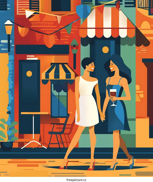 Two Women Walking on a City Street, Illustration