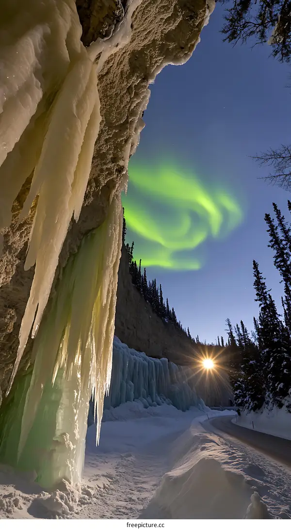 Frozen Waterfall Under The Northern Lights