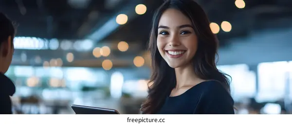 Smiling Businesswoman Holding Tablet in Office