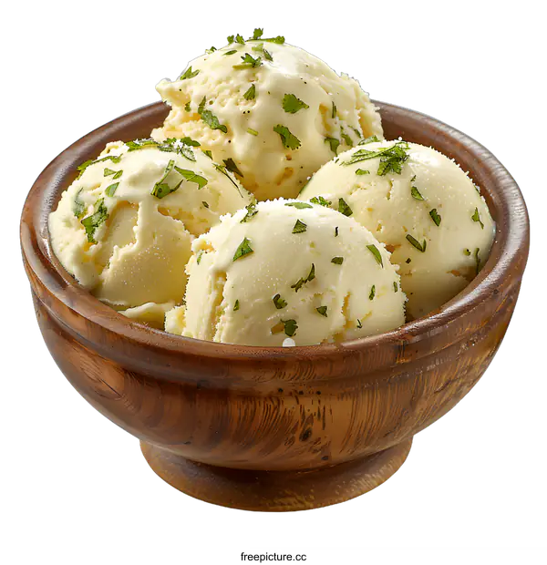 [Transparent Background PNG]Lemon basil ice cream in wooden bowl