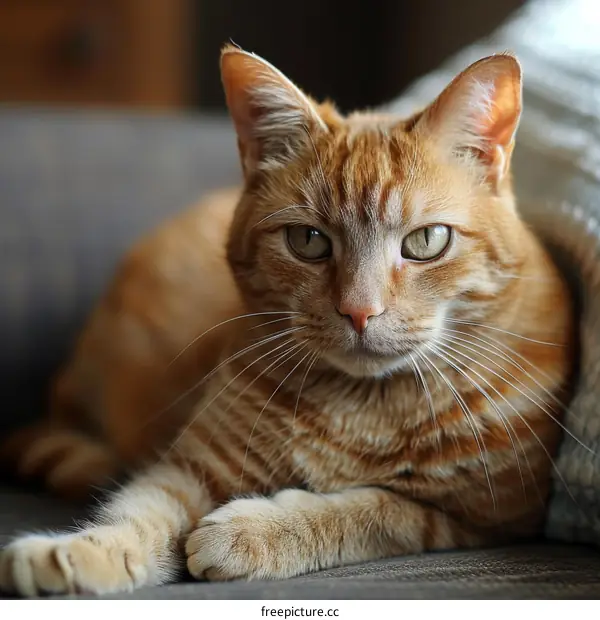 A ginger cat is lying on the couch and looking at the camera