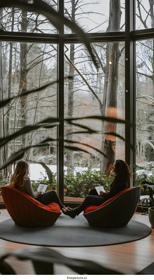 Two Women Working in Modern Office with Window View