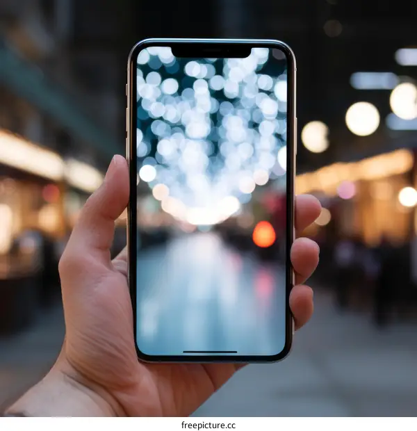 Hand holding a smartphone with a blurry background of city lights
