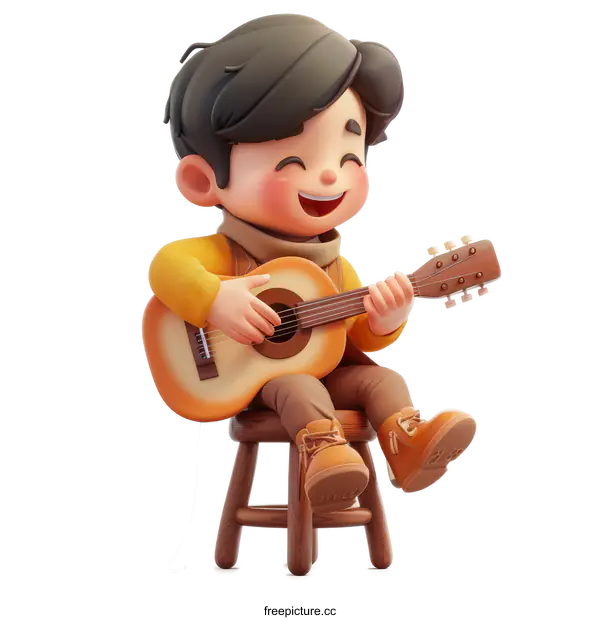 [Transparent Background PNG]3D Boy Playing Guitar with Joy