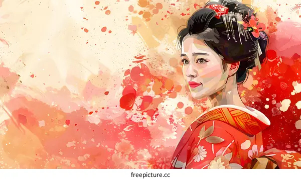 An illustration of a Japanese woman wearing a kimono with a red background.