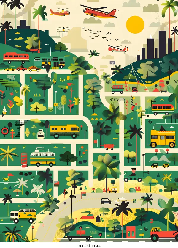 Green City Landscape Illustration with Multiple Vehicles and Palm Trees