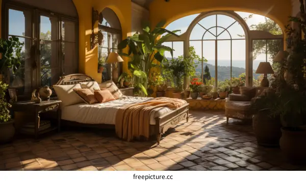 Mediterranean style bedroom with large windows and a view of the sea