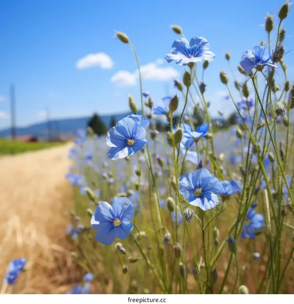 Close-up of blue flax flowers in a field