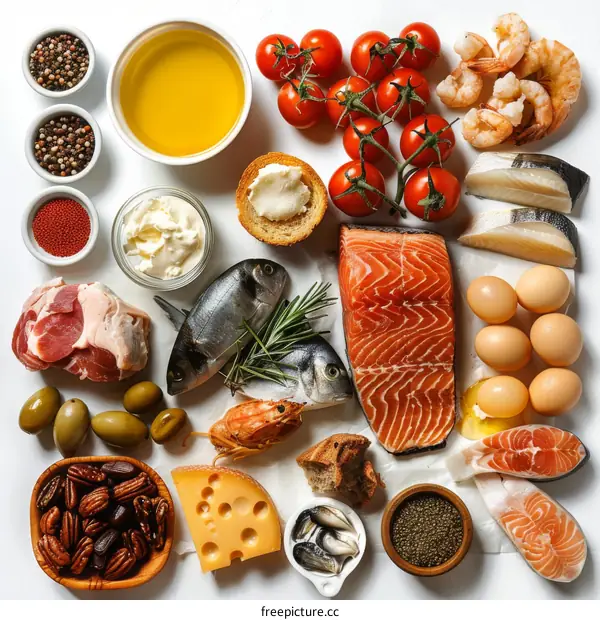 Seafood, Meat, and Vegetables on White Background