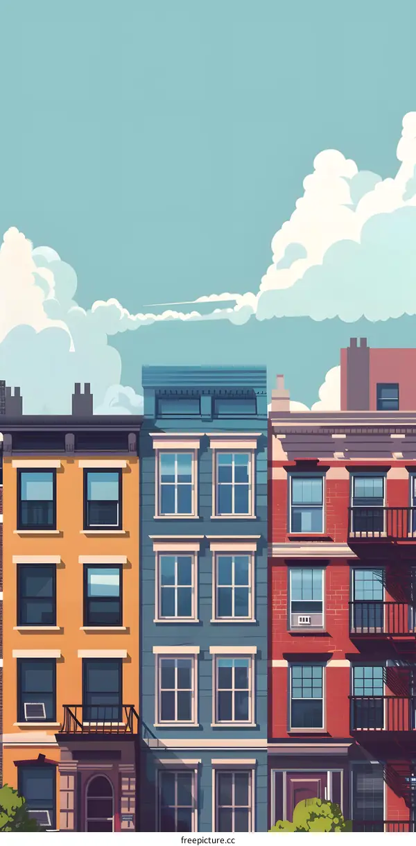 Colorful Row Houses In City Under Cloudy Sky