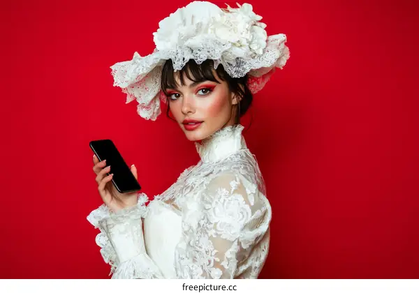Fashionable Woman in Vintage Lace Dress with Phone