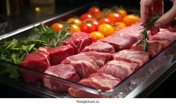 Raw beef tenderloin steaks with rosemary and tomatoes