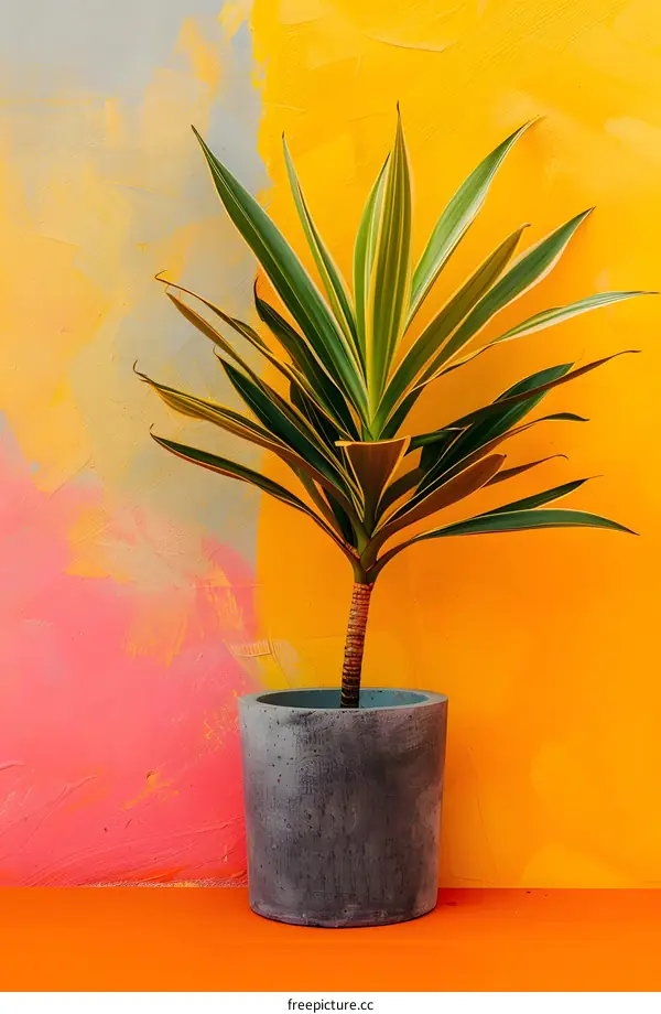 Green Plant in Pot Against Colorful Wall